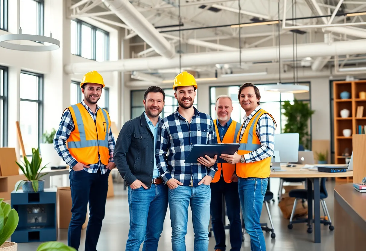 Team working in a modern construction technology office