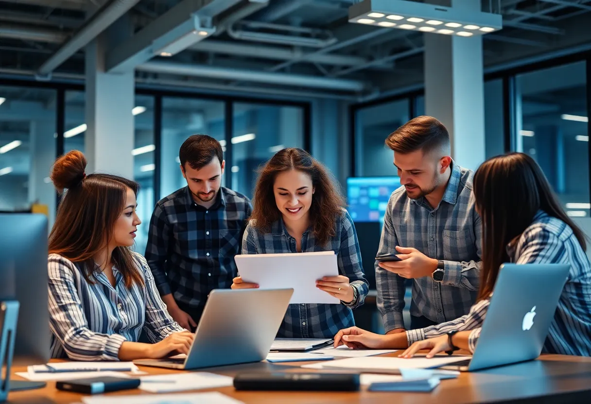 Team collaborating on construction software technology