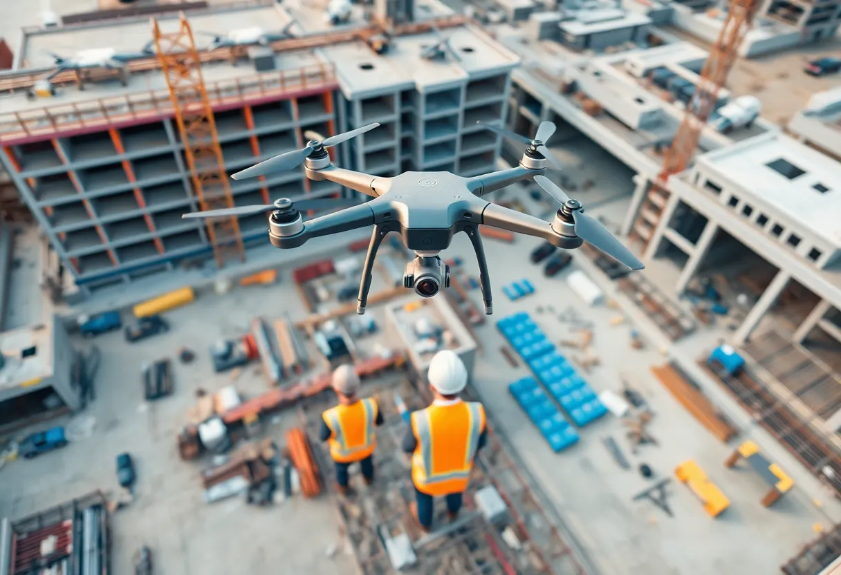 A modern remote construction site utilizing technology for project management.