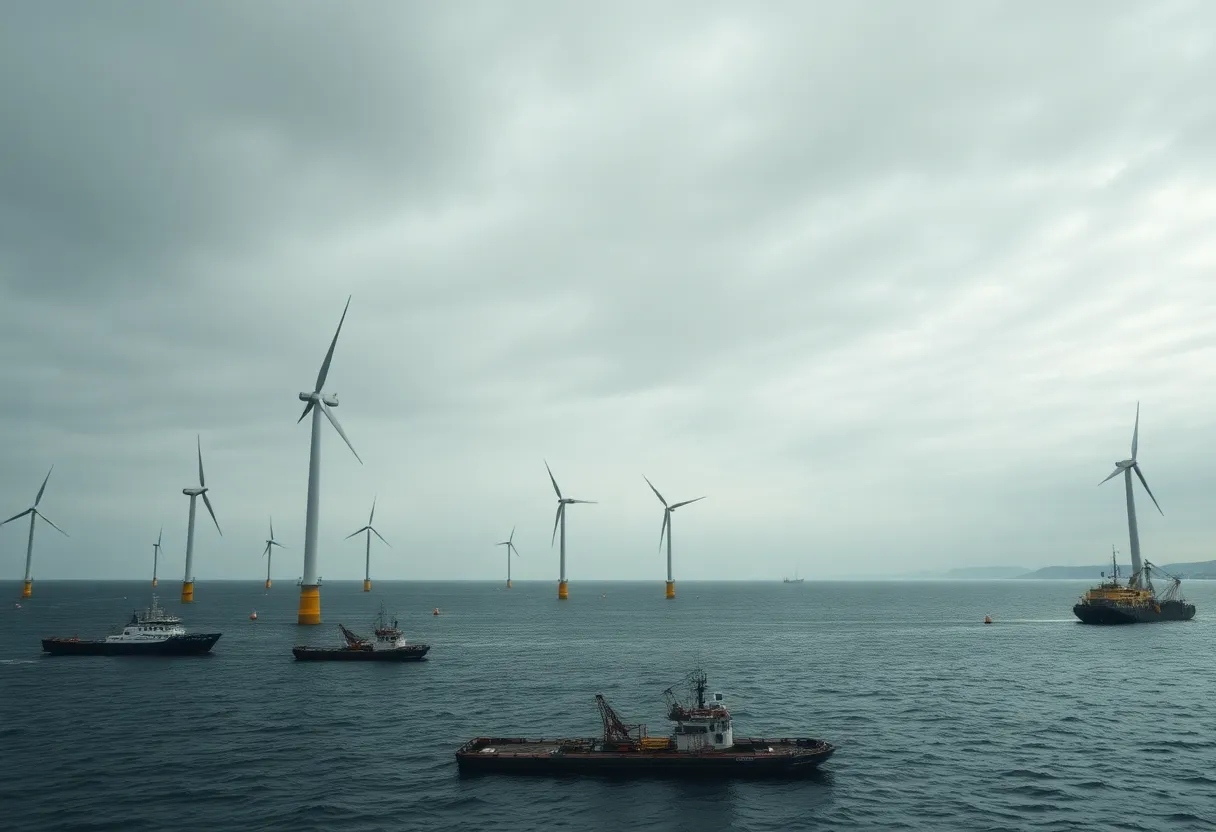 Installed offshore wind turbines and idled service vessels off the coast after construction halt
