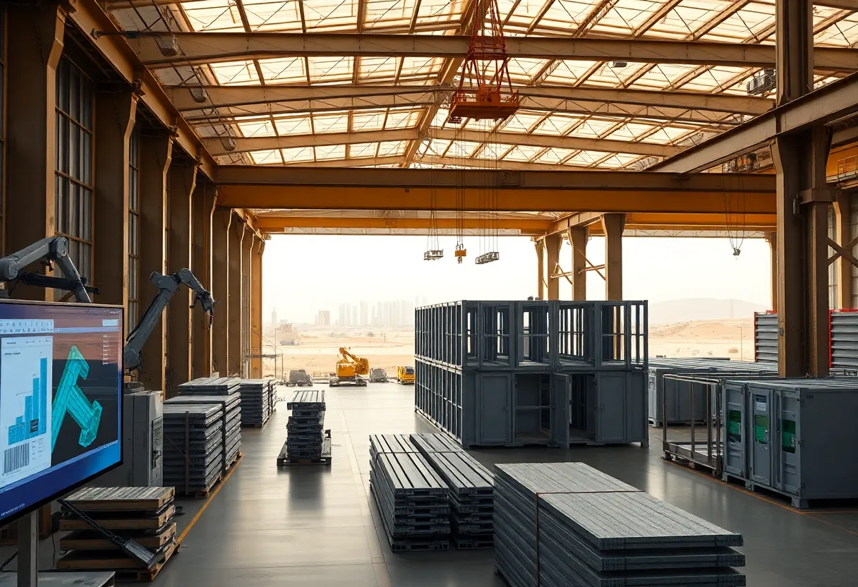 Interior view of a modular construction factory with robotic welding arms, stacked prefabricated units and structural steel frames under assembly