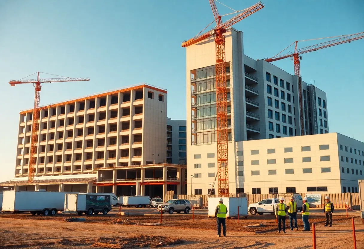 Hospital and medical office construction site with cranes and prefabricated modules