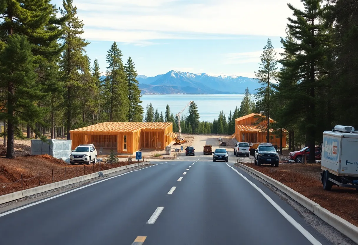 Construction site for 14 townhomes near Lake Tahoe Boulevard with scaffolding and mountain lake in the background