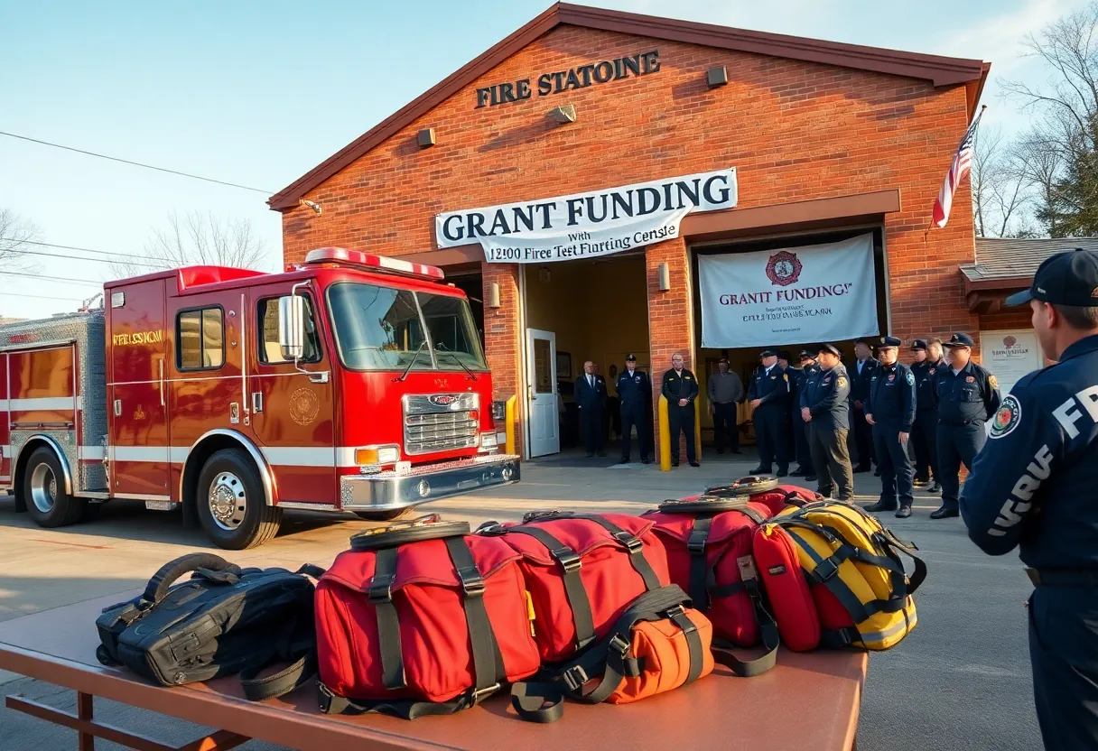 Small-town fire station with red fire engine, new equipment and grant presentation banner