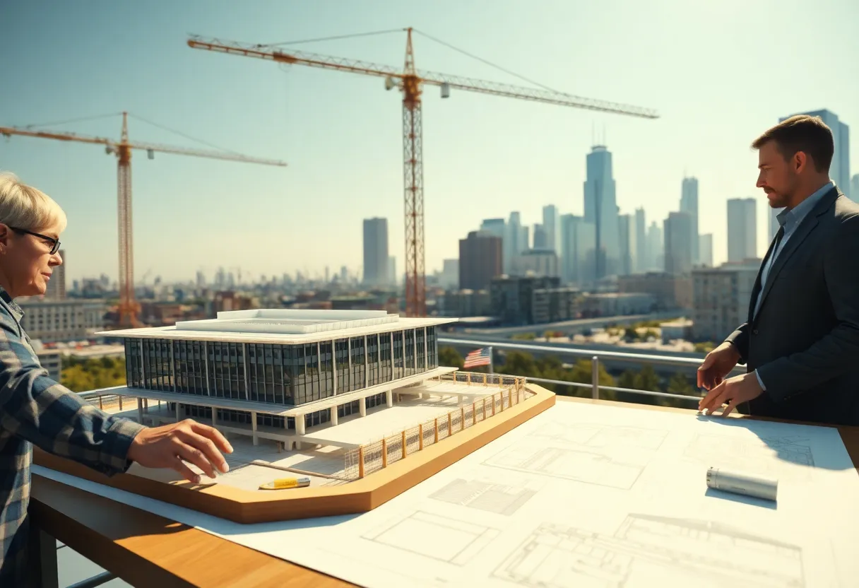 Architects reviewing convention center blueprints with downtown skyline and crane