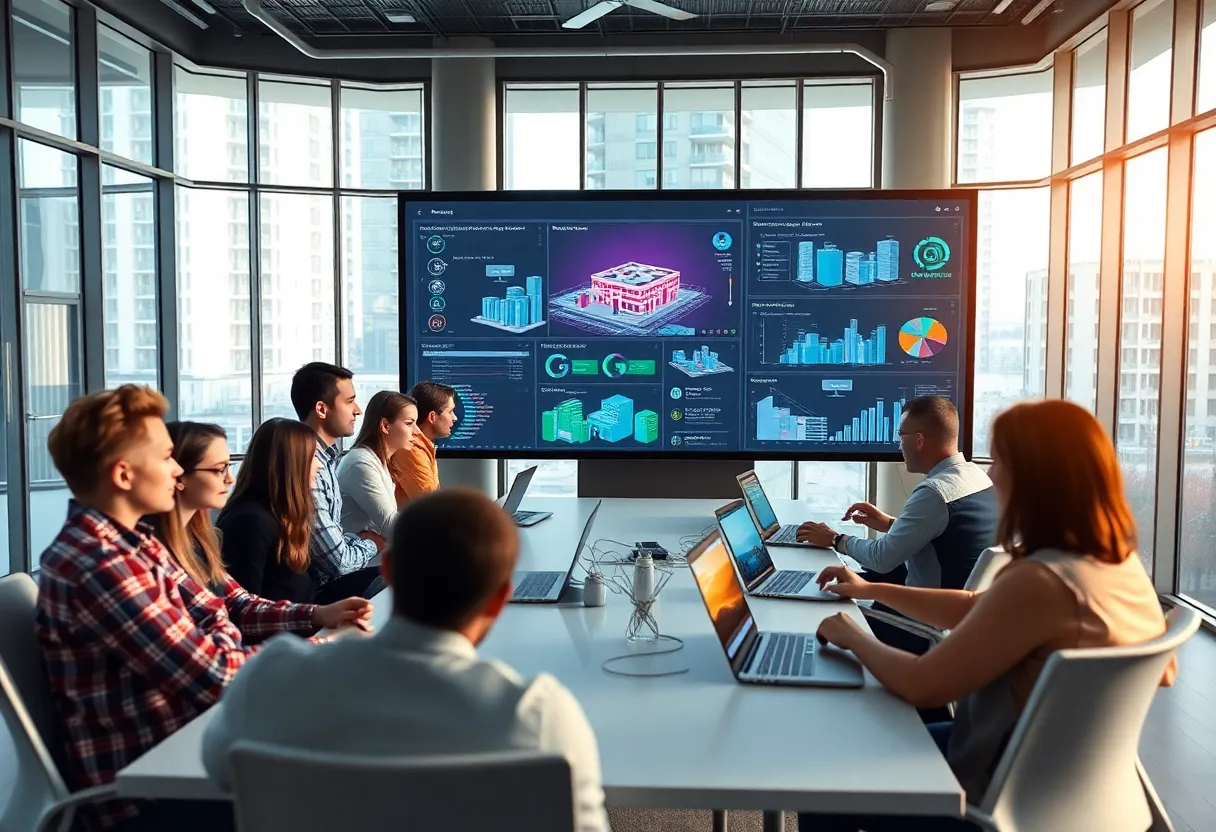 Startup teams and engineers collaborating on software integrations at a modern tech campus meeting space