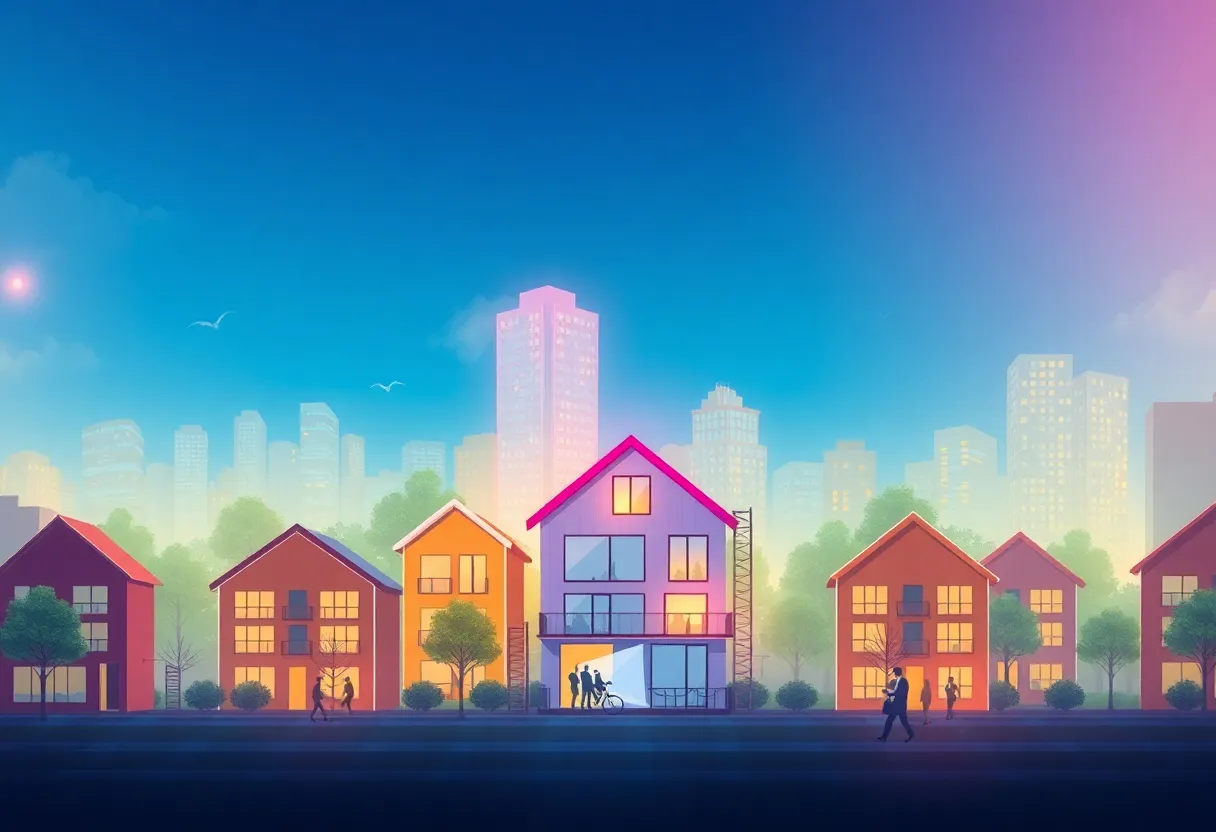 Illustration of the U.S. housing market with various homes and digital technology elements.