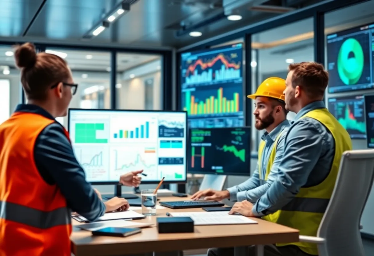 Construction management team utilizing technology for project efficiency