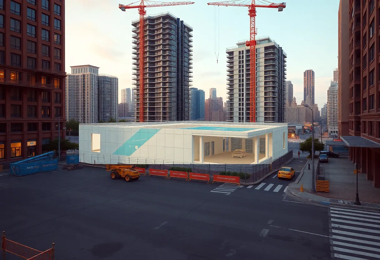 Rendering of proposed 54-unit mid-rise apartment building at 1506 Van Ness Ave with rooftop pool and construction site in foreground