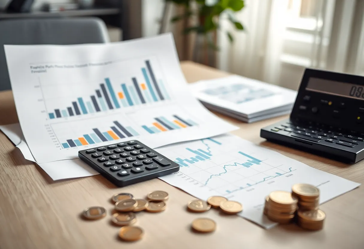 Financial reports and charts showing rising profits and lending on a desk with euro coins and a calculator