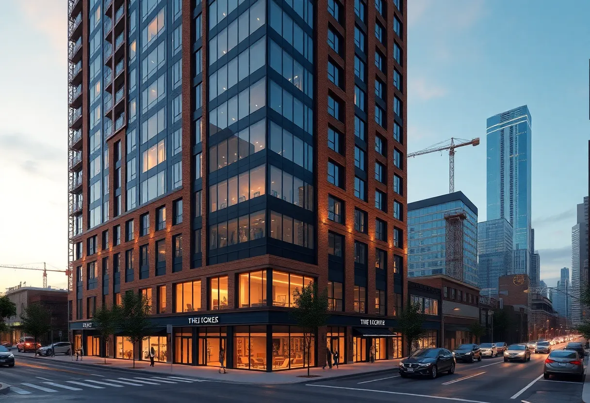 Rendering of 19-story glass-and-brick apartment tower at 1221 W. Washington with ground-floor retail in West Loop, Chicago