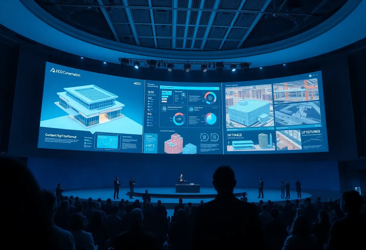 Conference stage showing large screens with cloud-connected AECO software, 3D building models, and analytics dashboards