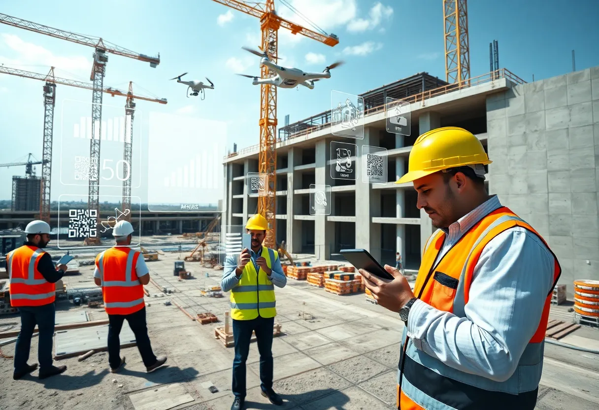 Construction site showing BIM models, AI data overlays and field crews using tablets