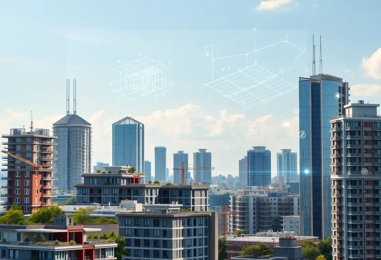 Futuristic cityscape with green roofs, BIM overlays and modular construction components