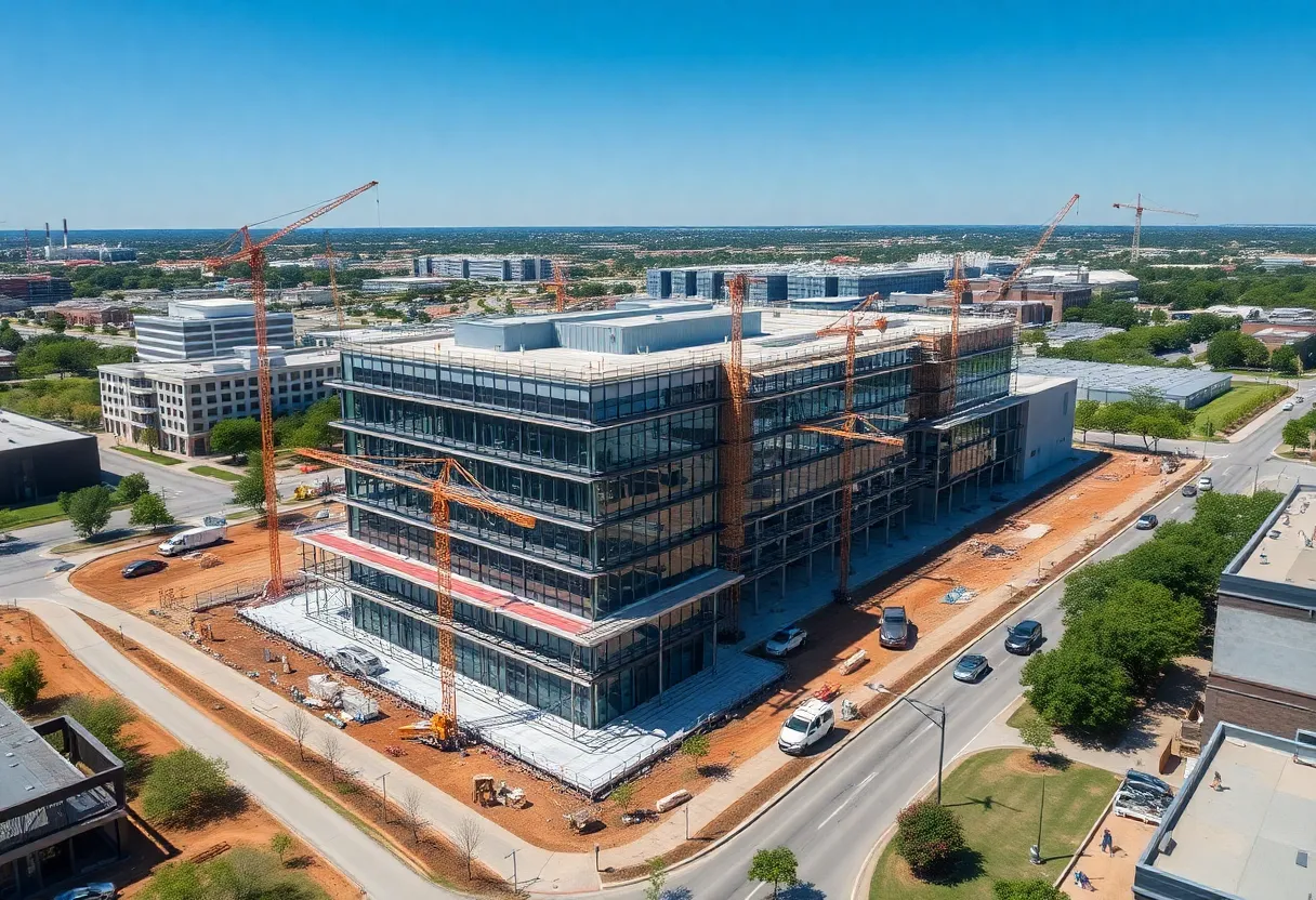 Aerial view of a modern life‑sciences building under construction with cranes in a mixed‑use campus in northeast Austin
