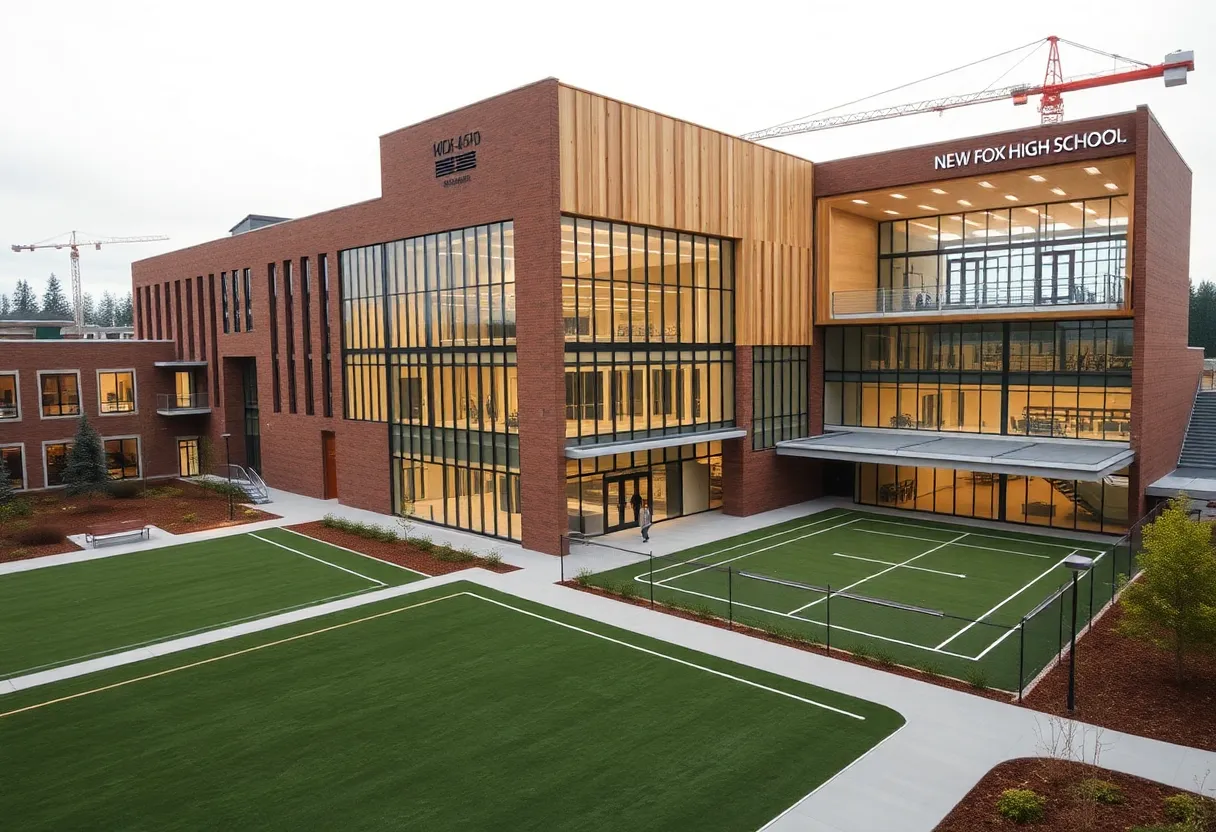 Rendering of new three-story Beaverton high school with visible seismic joints, cedar-clad theatre, courtyard and athletic fields