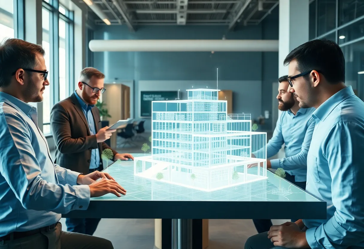Engineers and architects reviewing a 3D BIM model of a green building on a large display