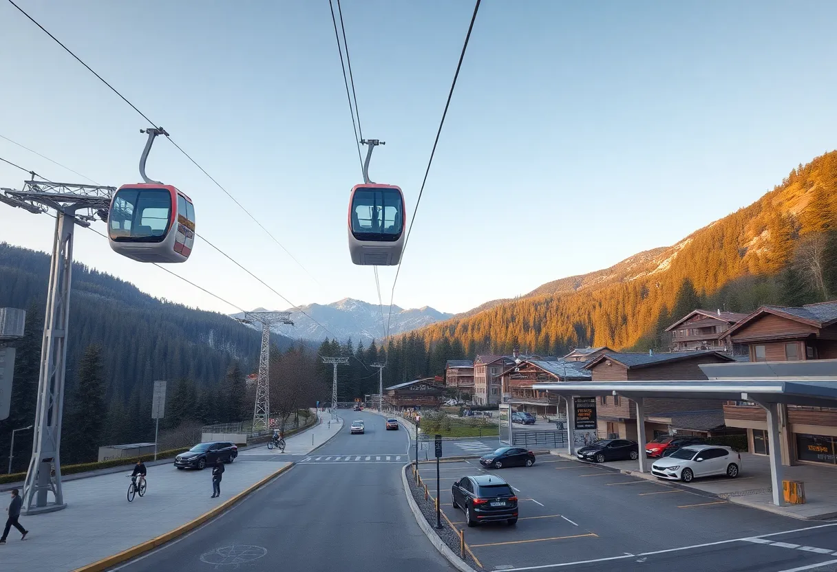 Bicable aerial tramway cabins over Bolzano valley with mountain station and secure bike parking