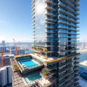 Rendering of 35-story Brickell residential tower with rooftop pool and glass facade under construction