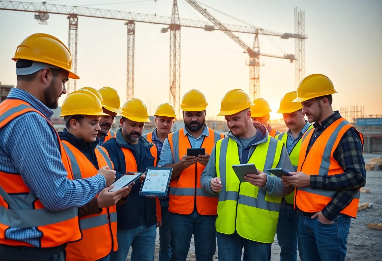 Construction crew at a jobsite using tablets and smartphones to access a field-management app