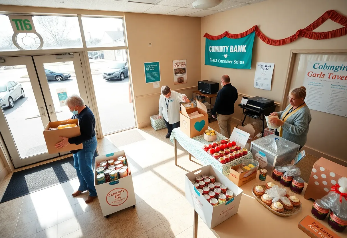 Volunteers placing donation boxes and cupcakes on a table inside a local bank lobby during a community drive and centennial event.