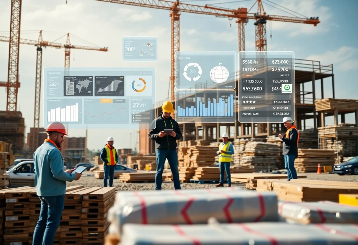 Construction site with workers using tablets and digital overlays showing collaboration software dashboards and BIM models