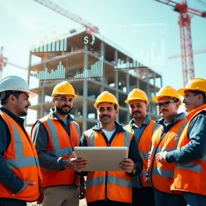 Construction team reviewing tablet with digital schedule and budget overlays at active site