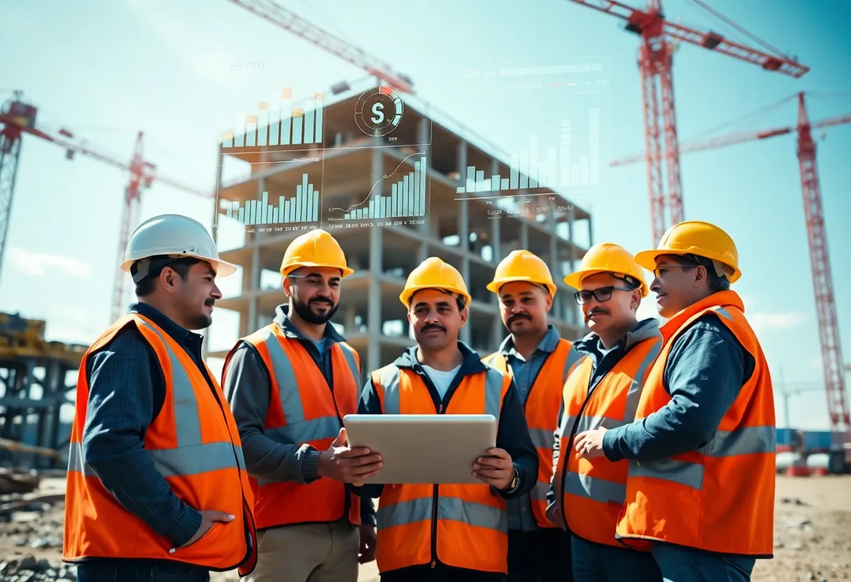 Construction team reviewing tablet with digital schedule and budget overlays at active site