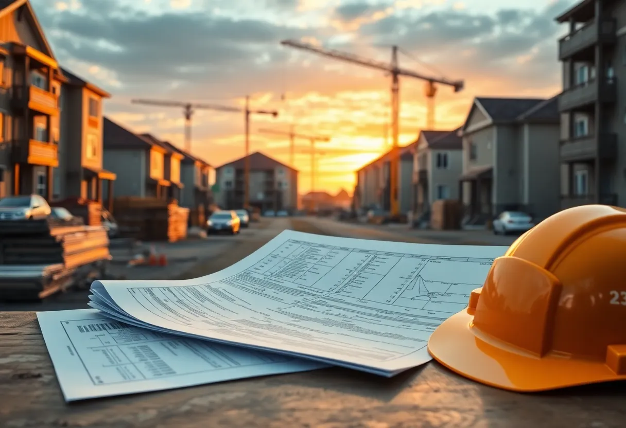 Active housing construction site with cranes and partially built units, foreground showing blueprints and loan documents on a table