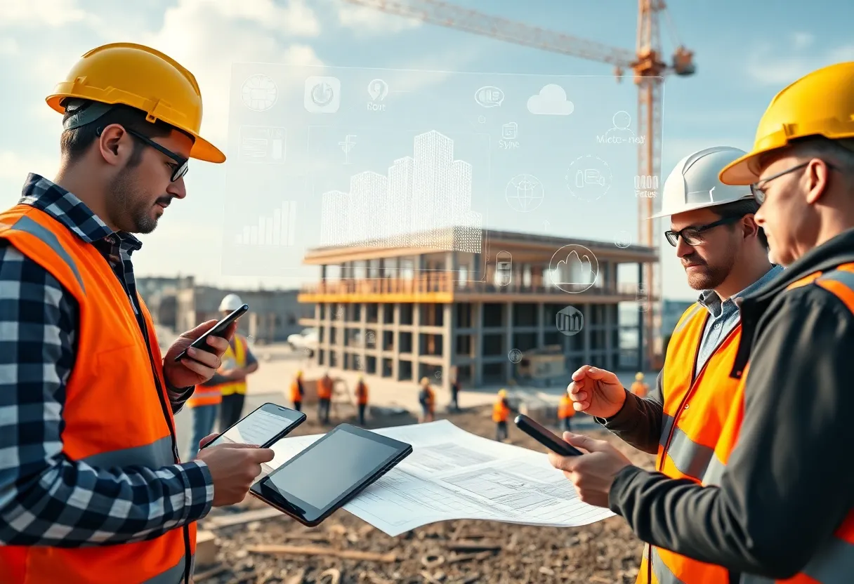 Construction workers using tablets on site with holographic BIM model and cloud data overlays