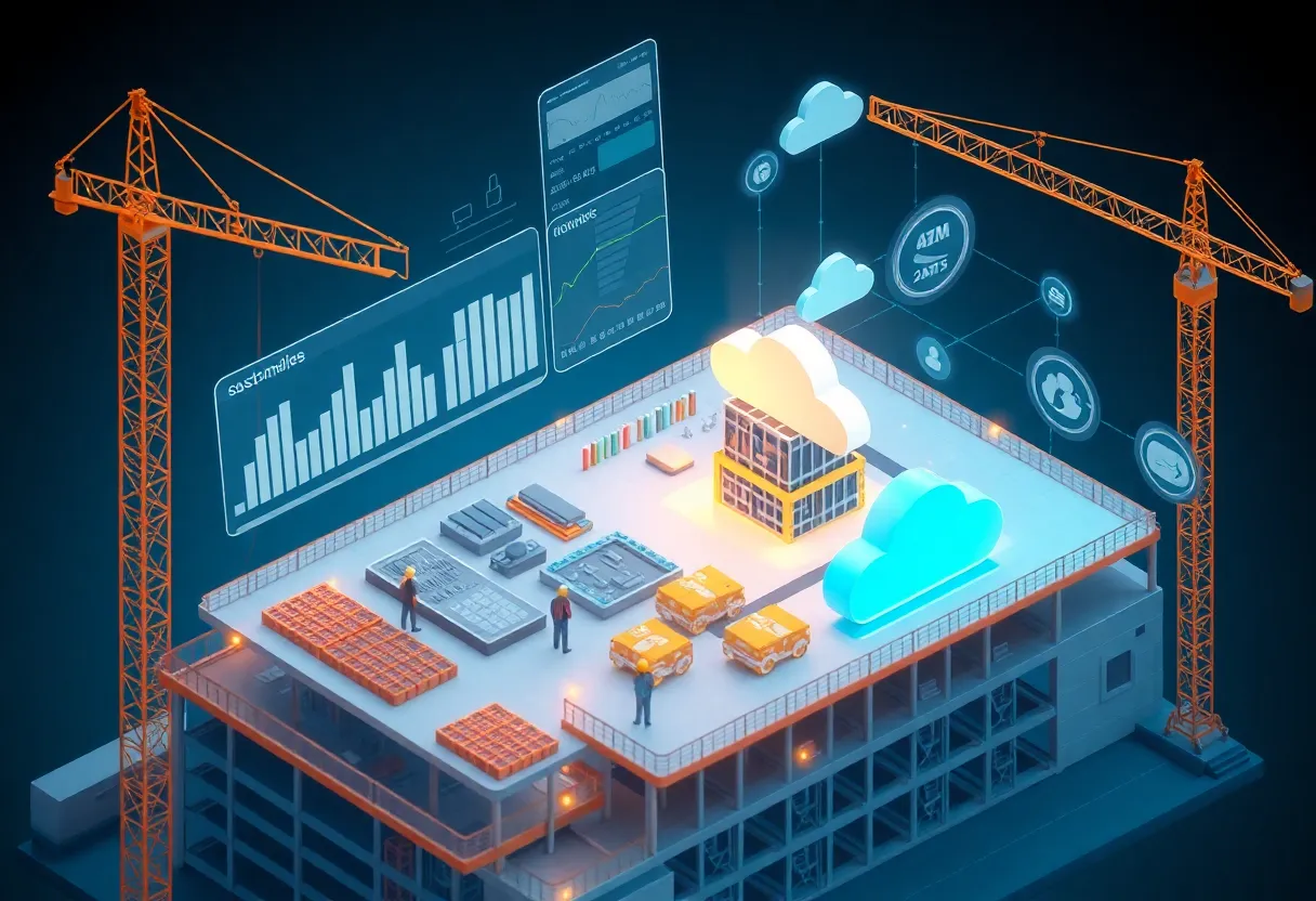 Construction site with digital project management dashboard overlay and cloud icons representing construction SaaS