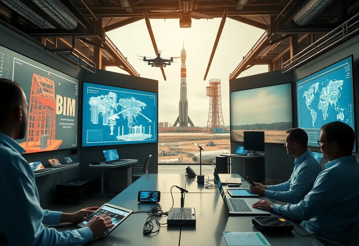 Construction operations hub with BIM displays, tablets, drones and rocket assembly building in background