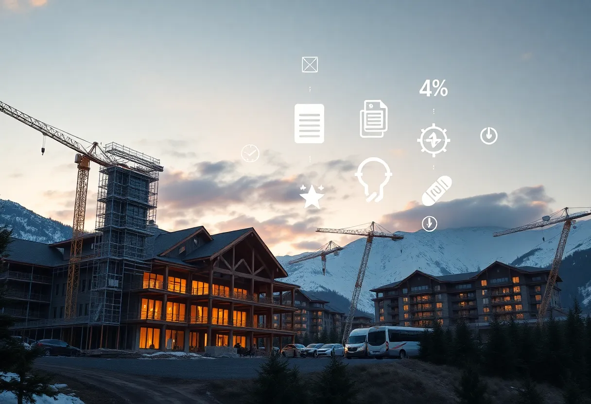 Luxury resort construction site with cranes and conceptual financing and energy upgrade overlay