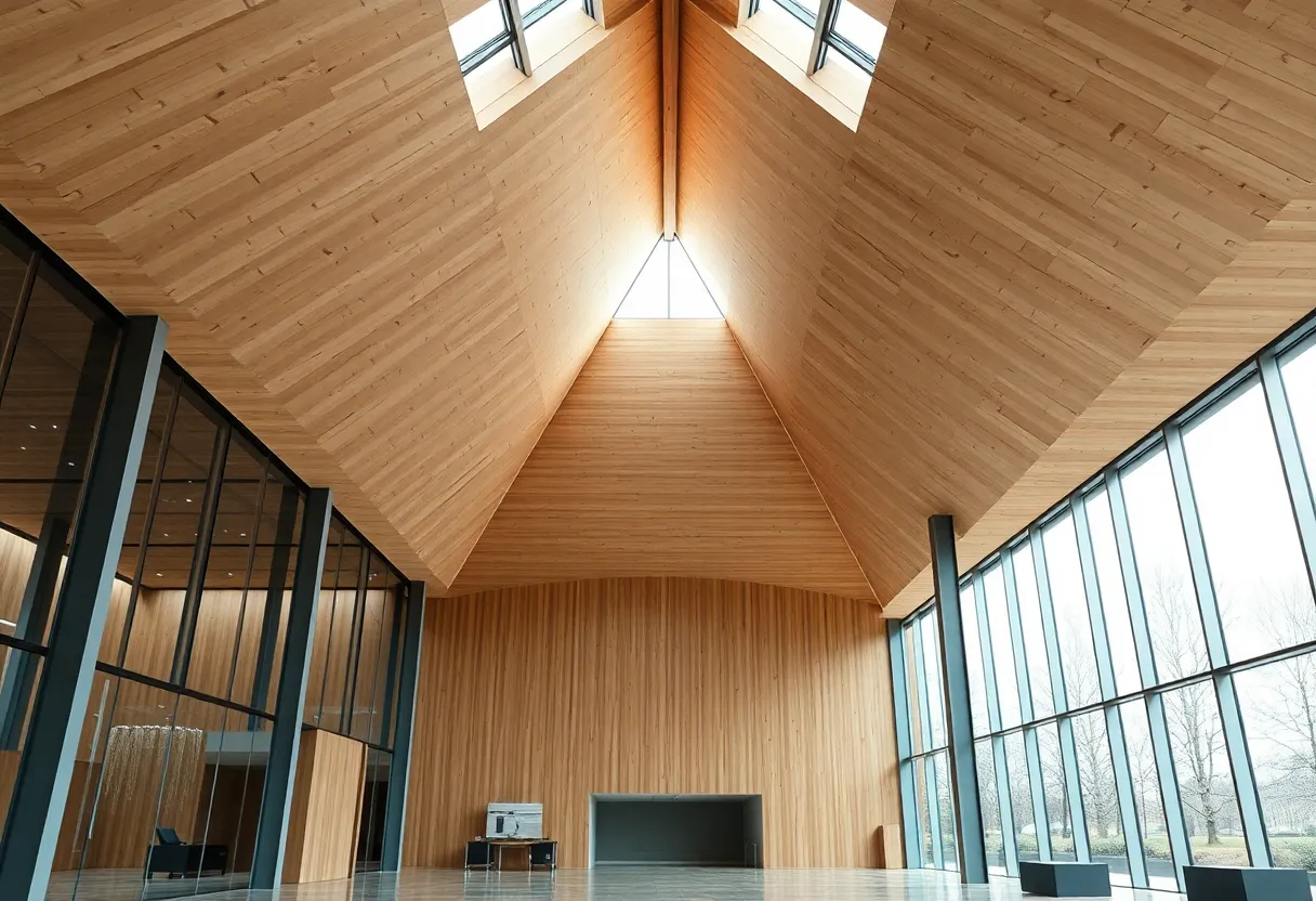 Interior of showroom with large triangular CLT wooden roof, glass facade and column‑free atrium