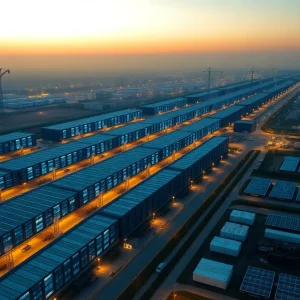 Aerial view of large data center campus with transmission lines, substation, construction cranes and solar panels