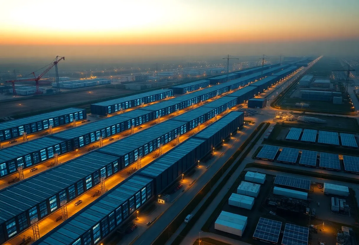 Aerial view of large data center campus with transmission lines, substation, construction cranes and solar panels