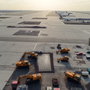Aerial view of airport apron and runways with construction machinery and pavement upgrades