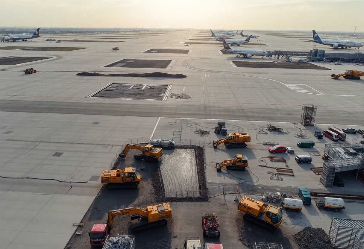 Aerial view of airport apron and runways with construction machinery and pavement upgrades