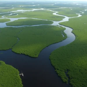 Aerial view of the Everglades restoration projects including waterways and wetlands.