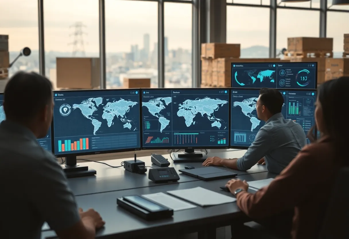 Futuristic warehouse control room with holographic AI agents coordinating logistics across dashboards and staff collaborating.