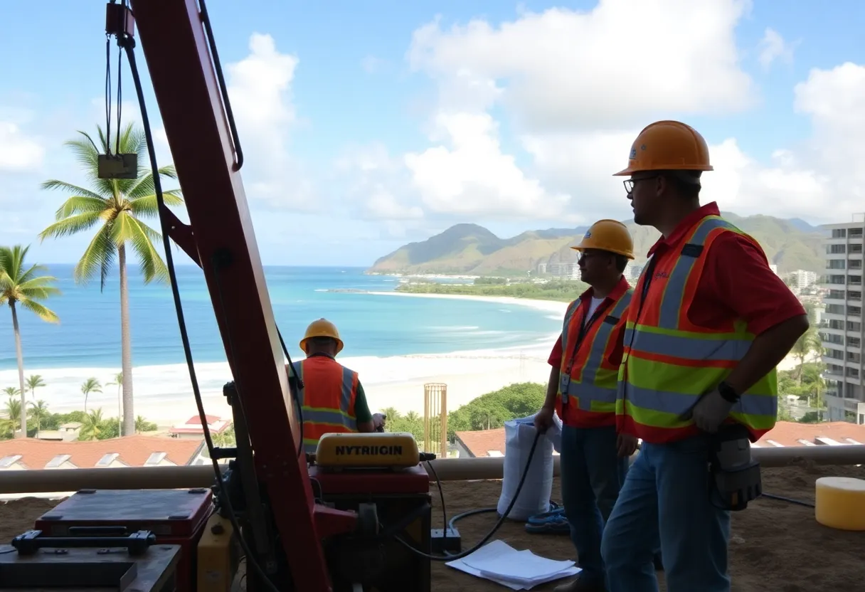 Construction site in Hawaii with workers and equipment