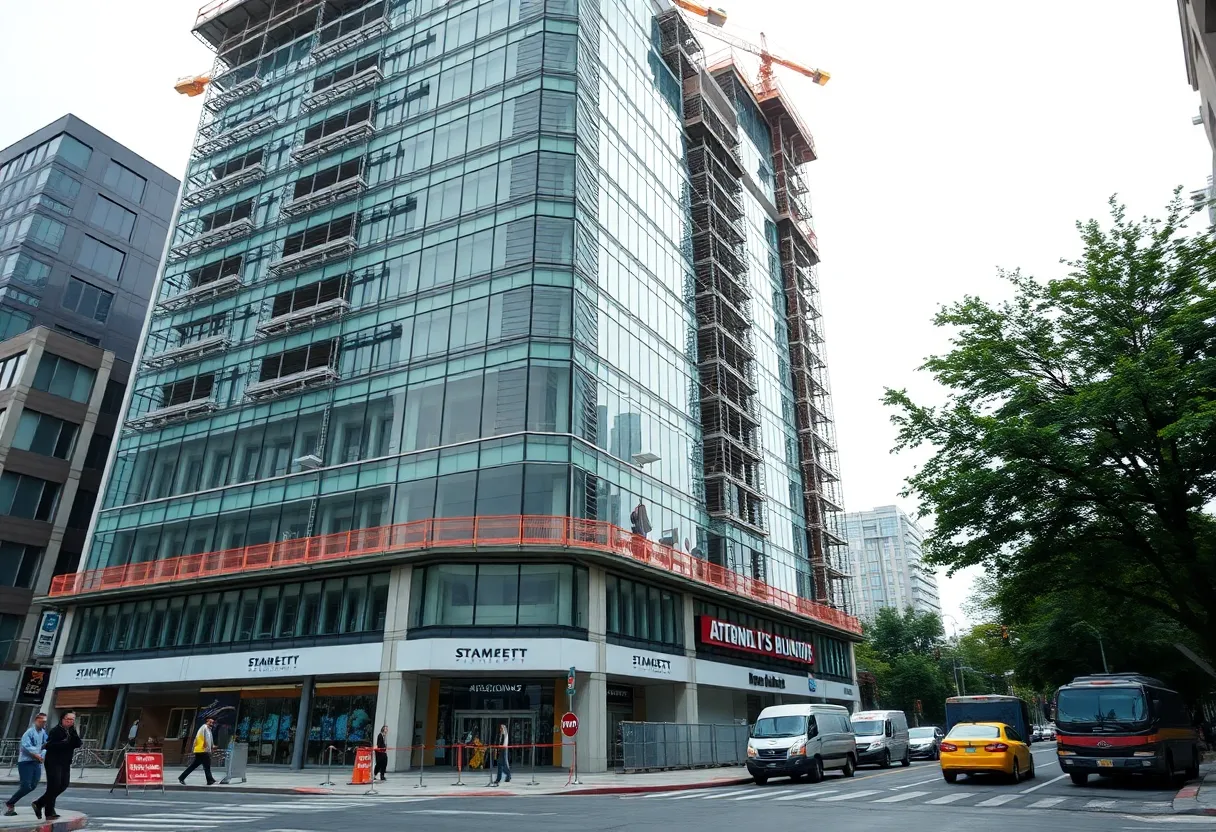 Construction of Hoboken Urby mixed-use building at 256 Observer Highway with cranes and street-level retail