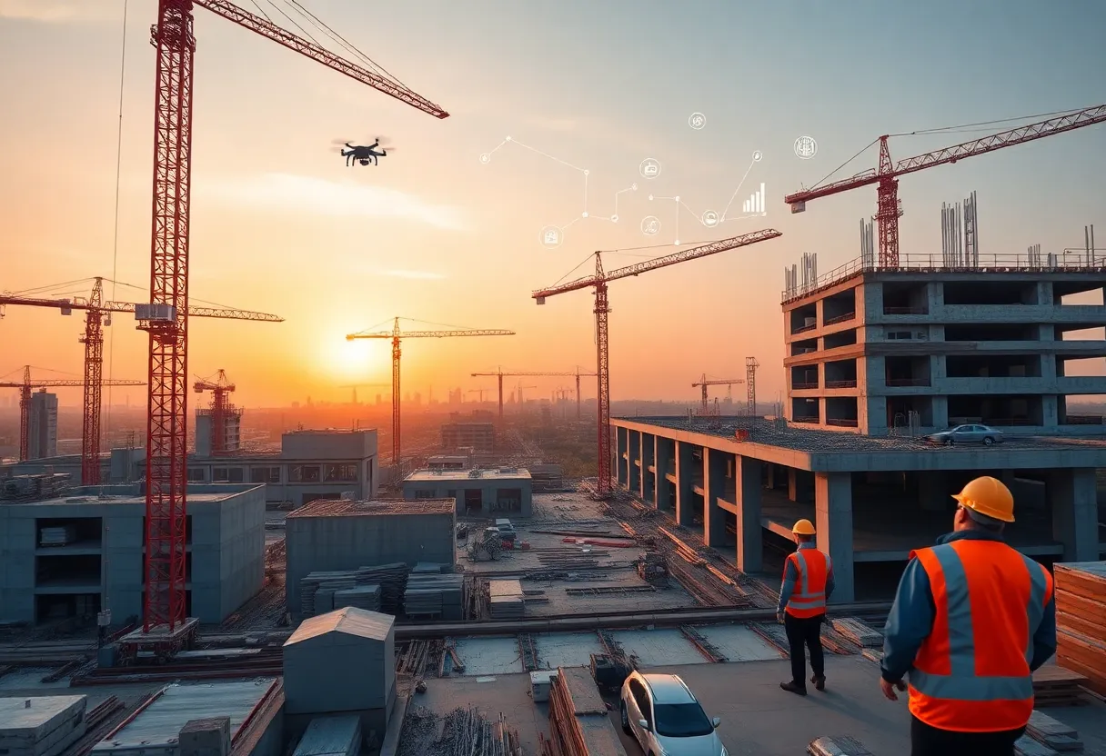 Construction site with IoT sensors, wearables, drones and cloud analytics overlay