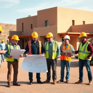 Project managers reviewing blueprints outside Laguna Public Services Building