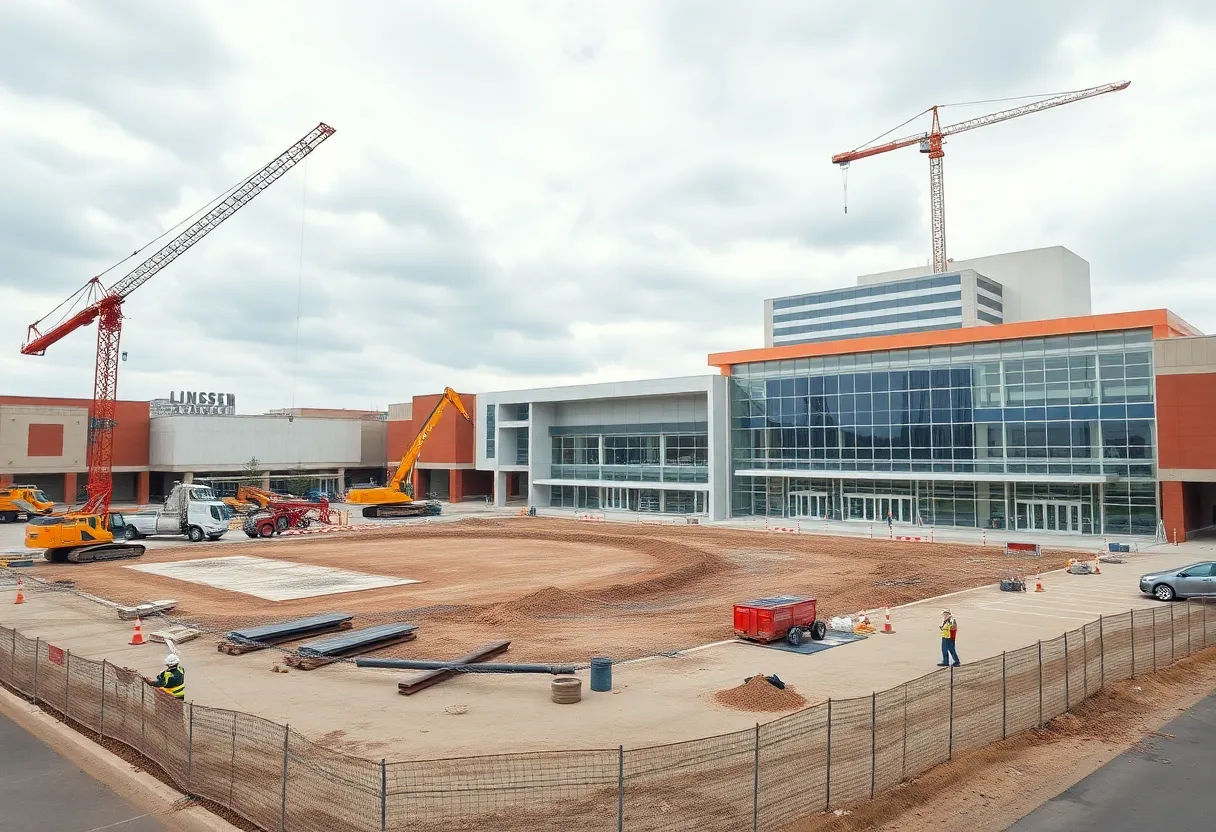 Demolition and conceptual rendering of a new multipurpose arena at a suburban mall site with cranes and construction equipment.