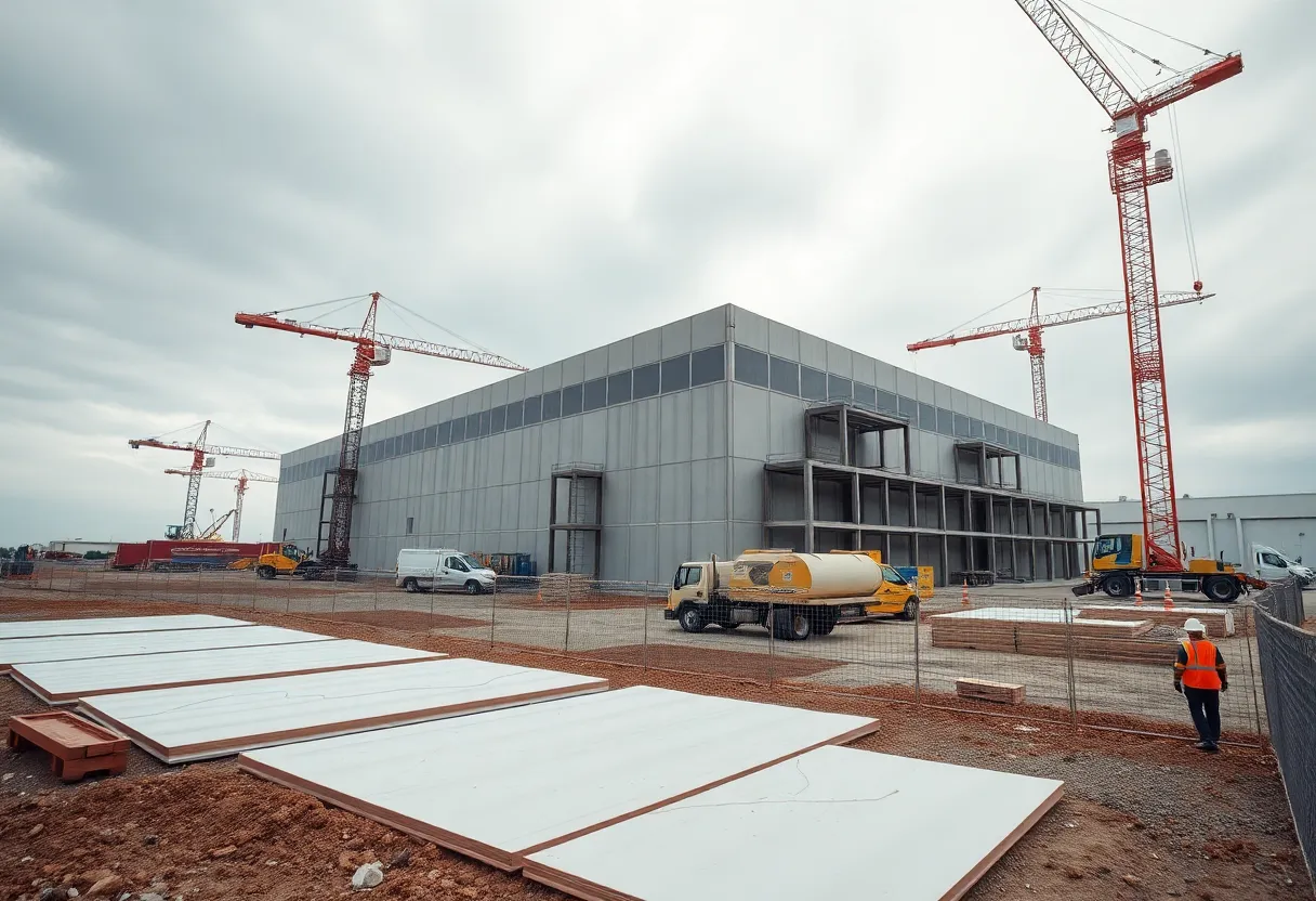 Construction site with cranes and concrete work for a large industrial and self-storage building near the coast