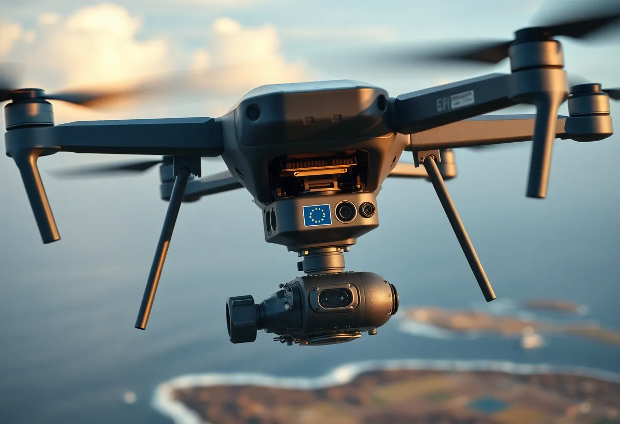 European NedEye drone gimbal mounted on a tactical UAV in flight
