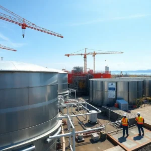 Land-based salmon farming facility in Ningbo during expansion with RAS tanks and construction cranes