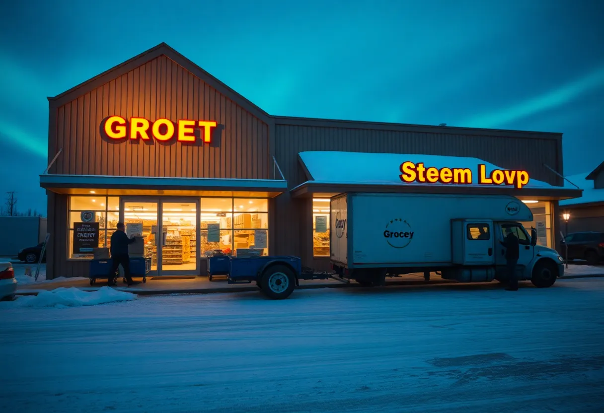 Remote northern grocery store at dusk with delivery truck and aurora, representing retail operations and market attention