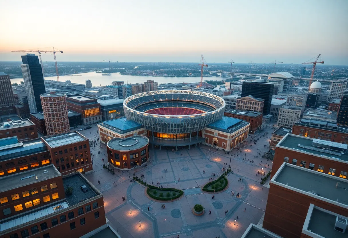 Aerial view of a proposed sports district with a modern stadium, plazas, and mixed-use buildings in an urban setting